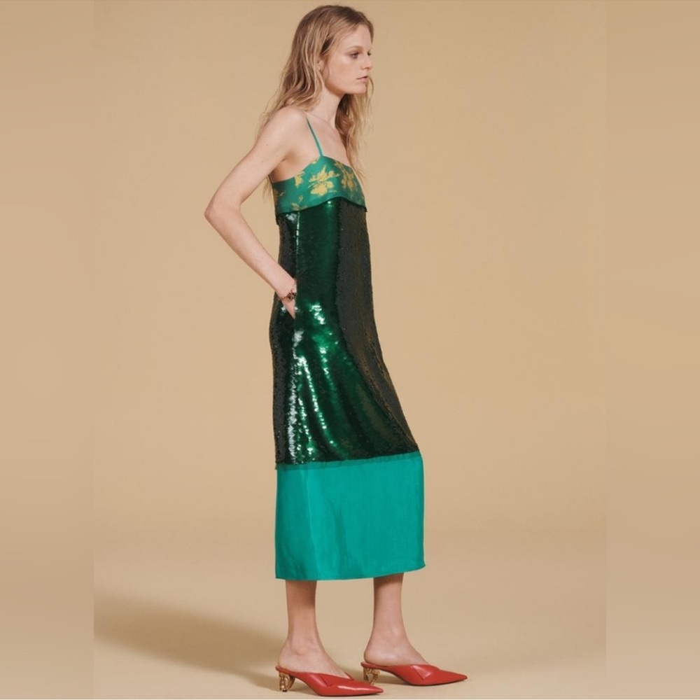 Zara Green Sequin & Teal Slip Midi Dress